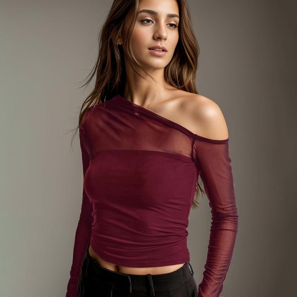 Women Sexy Slanted Shoulder Sheer Mesh Slim Fit Long Sleeve Base T Shirt