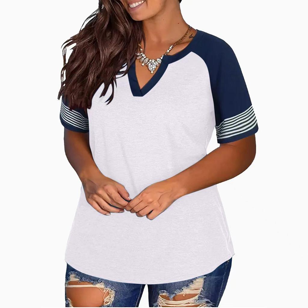 2024 Euro-America V-Neck Color Block Short Sleeve Loose Top