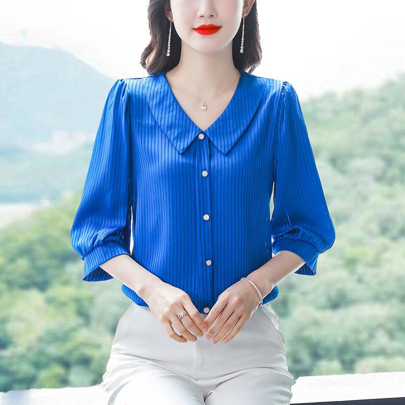 Fashion Chiffon Shirt 3/4 Sleeve Women's Summer New Mom Top Solid Color Doll Collar Bottoming Blouse M-4XL