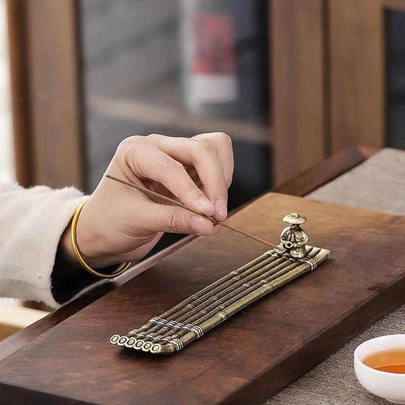 1Pc Vintage Bronze Small Incense Burners Ornaments Bamboo Raft Incense Base Incense Stick Holder Stand Tray Ash Catcher Plate
