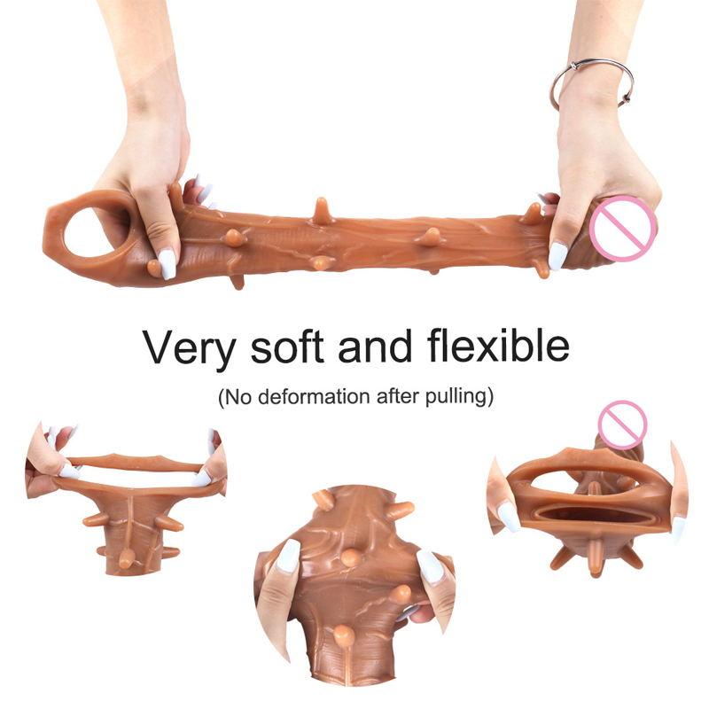 Reusable Long Spike Condoms Enlarger Extender Penis Cock Sleeve Extender Strong Vibrator