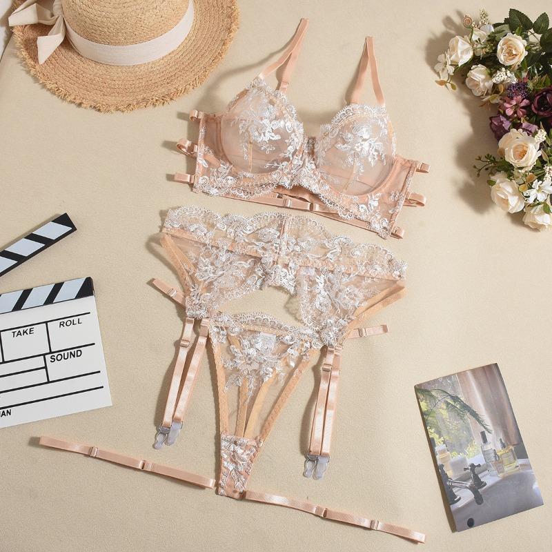 Sex underwear perspective outfit mesh embroidery contrasting color bra sexy temptation set