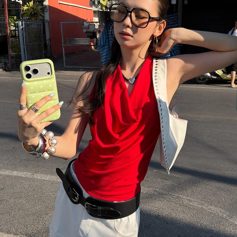 

Exposed Back Halter Neck Vest For Outfits, Hot Girl Style One Size червоний