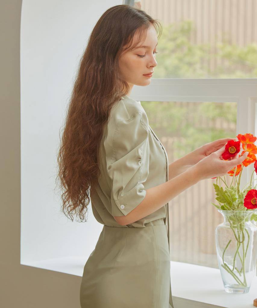 Pojitibeubaibeu Stella Bow Collar Shirt Blouse With Voluminous Short Sleeve Detail(Sage Green)
