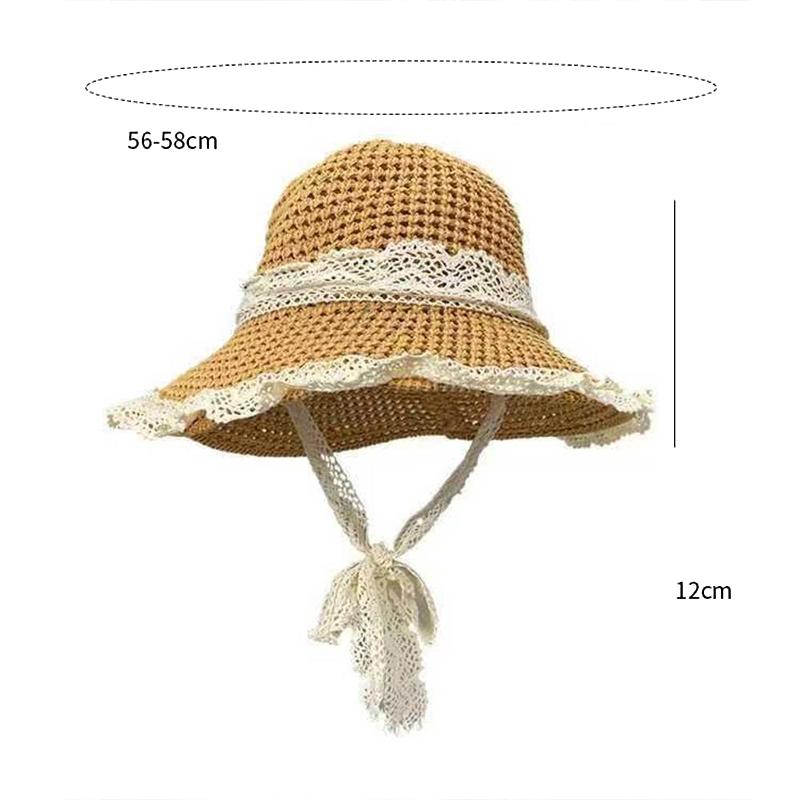 Women'S Wide Brim Lace Straw Hat Beach Hollow-Out Sun Cap For Seaside Vacation