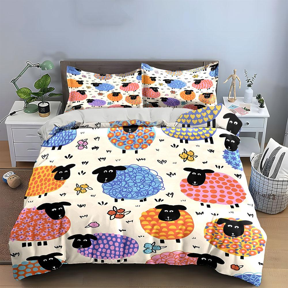Colorful Sheep Pattern Design Bedding Duvet Cover Set (1*Duvet Cover 2*Pillowcases, Without Duvet Insert)