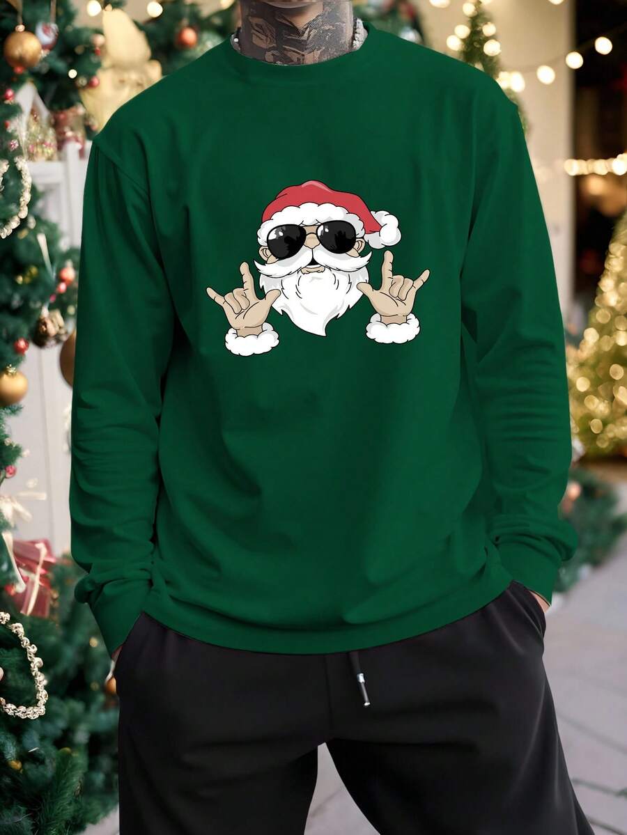 Manfinity Homme Men Santa Claus Graphic Print Long Sleeve Casual T-Shirt, Fall, Christmas S