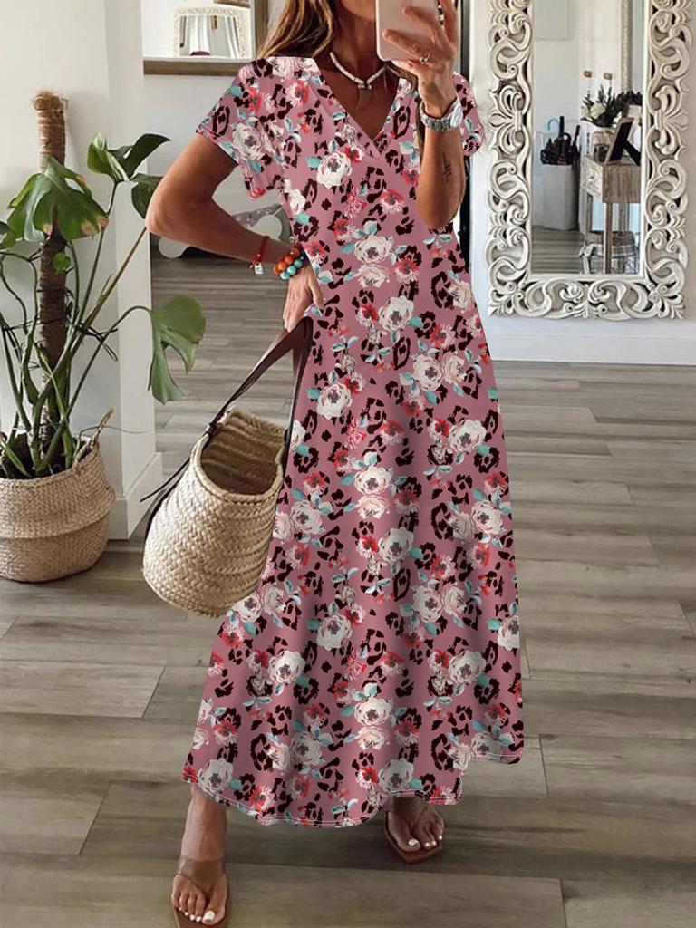 Women's Spring Summer V-Neck Short Sleeve Boho Print Swing Dress
