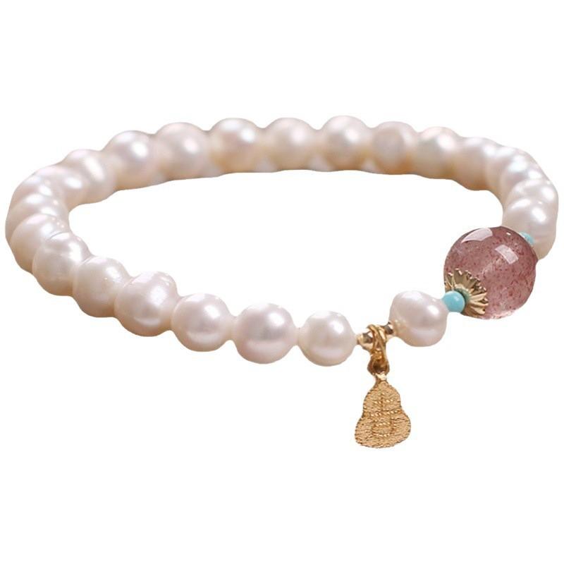 Freshwater Pearl Bracelet for Women, Light Luxury Vintage Design with Auspicious Gourd Charm and Strawberry Crystal, Niche Design, Gift for a Best