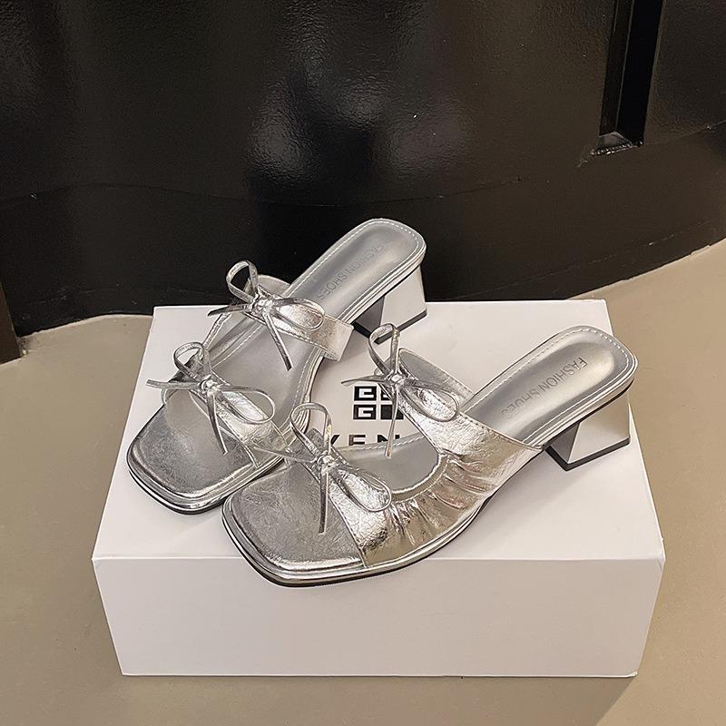 Women Slippers French Butterfly Knot Slippers 2025 Summer New Fairy Style Banquet Dress Shoes Women Square Toe Peep Toe Slippers