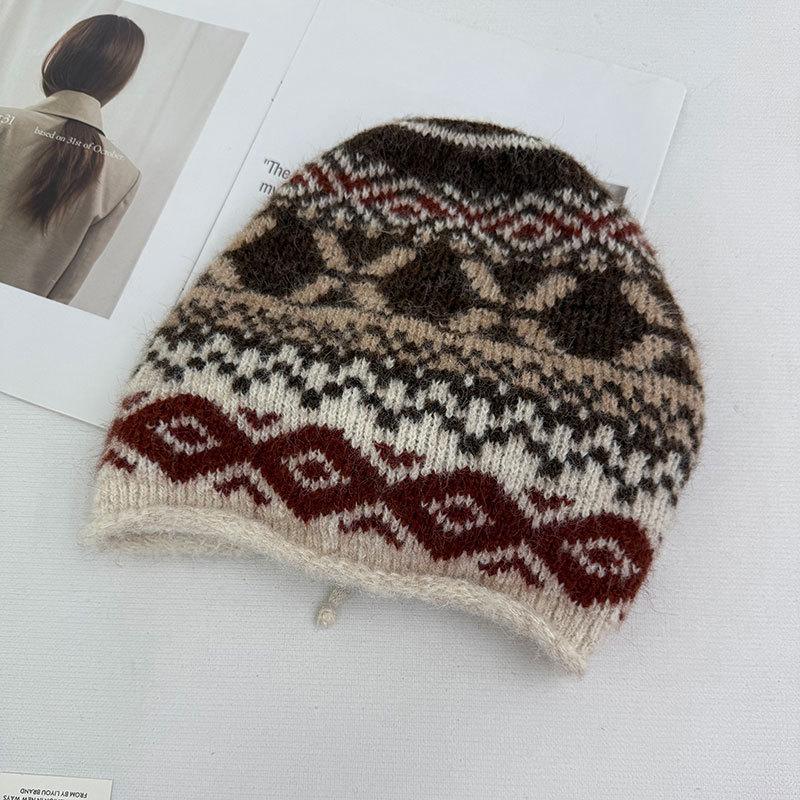 Fair Island Vintage Jacquard Drawstring Knitted Ear Cap Children's Winter Cute Warm Wool Plush Baotou Hat