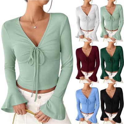 Women's Casual Fashion V-Neck Flared Sleeve Color Top Casual Top Casual Top