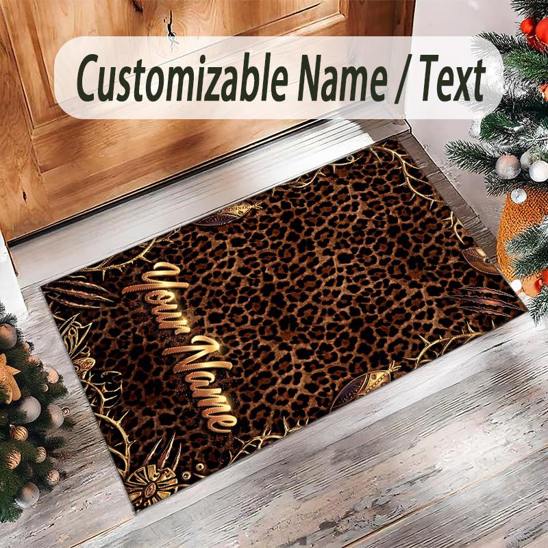 Leopard Theme Crystal Velvet Floor Rug Personalized Custom Name Text Warm Carpet Home Decoration