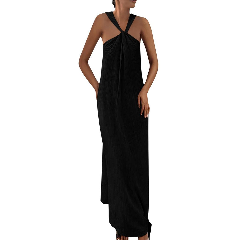 Dámské módní a sexy jednobarevné šaty s výstřihem do V, bez rukávů, na plážovou dovolenou, ležérní
