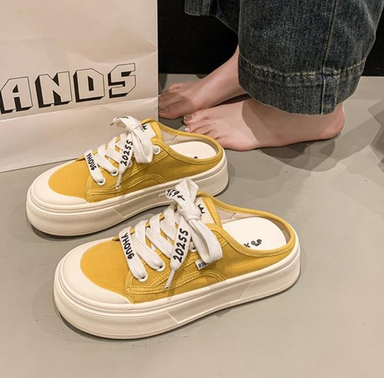 

Baotou half slippers women s outer wear 2025 summer new versatile thin breathable thick-soled one-pedal sandals canvas shoes 40 жёлтый