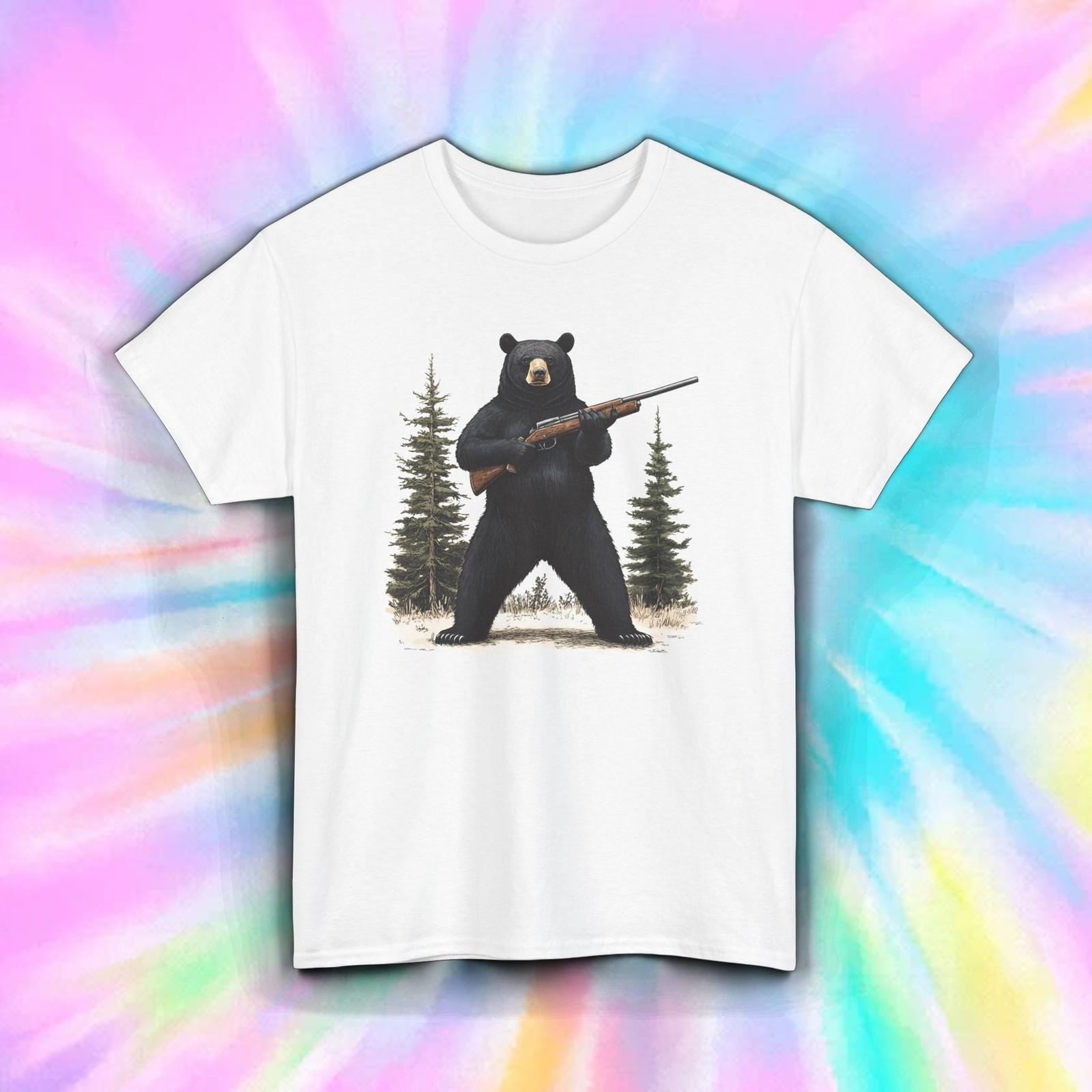 Bear With Gun Shirt Funny Armed Black Bear Forest Outdoors Hunter Tee S-5XL XL