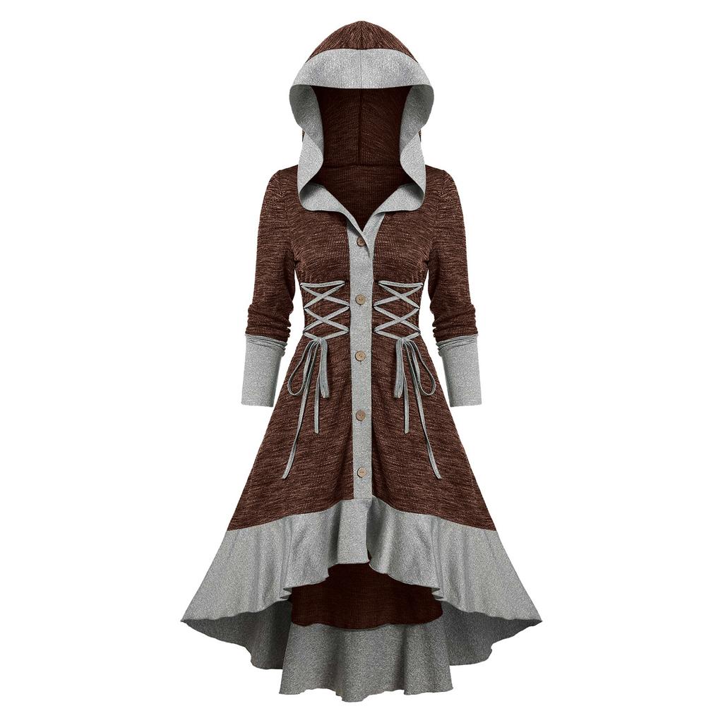 Women  Contrast Ribbed Ruffles Flare Sleeve Button Coat High Low Cardigan