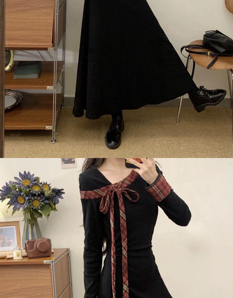 French Hepburn Style Little Black Dress - Bow Long Sleeve, Tummy Concealing, Slimming Mid-Length Ladies' Dress for Spring 2026.