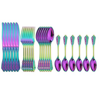 24Pcs Rainbow Color Flatware Cutlery Set Stainless Steel Mirror Polished Dinnerware Set Kitchen Fork Knife Spoon Silverware Home Set