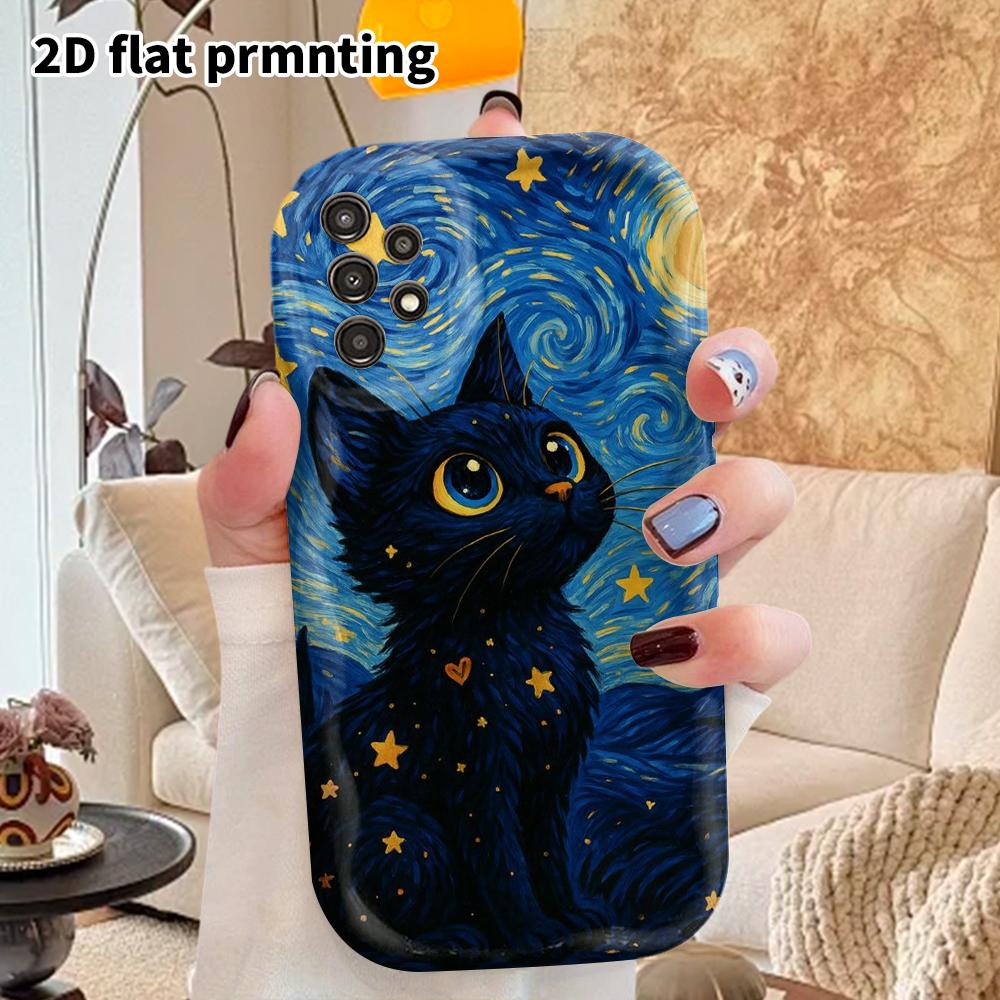 Phone Case: 2D Flat Samsung Galaxy A34 A35 M05 M06 S20 S22 S21 FE Plus 5G Protective Case, Couple Style, Starry Night Black Cat, Christmas and Hallowe