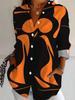 New large size women's long-sleeved printed shirt, digitally printed versatile elegant shirt orange and black abstract pattern style