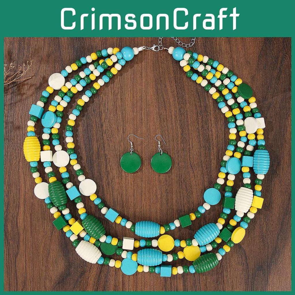 Wooden Geometric Handmade Bead Long Necklace Alloy Pendant For Women Decoration