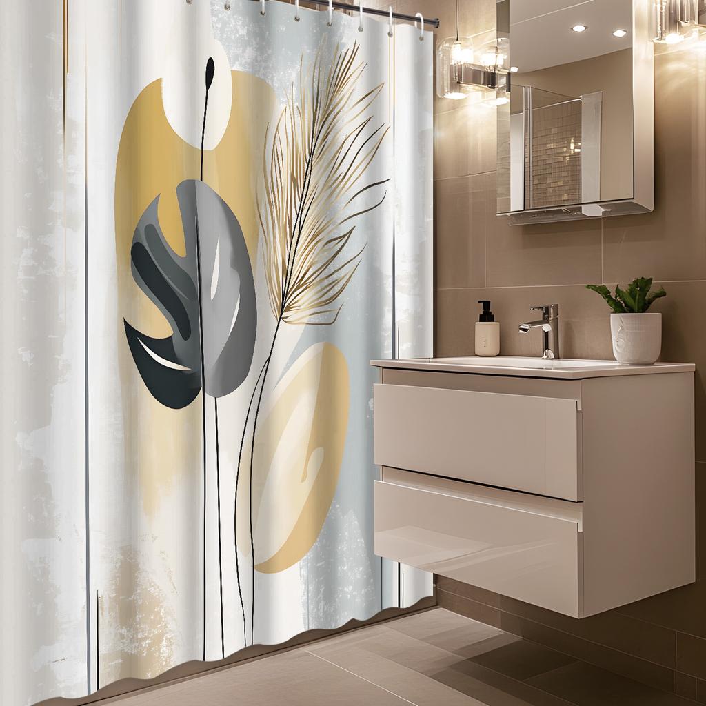 Modern Art Abstract Leaf Illustration Shower Curtain with 12 Hooks – Creative Partition & Bathroom Decoration