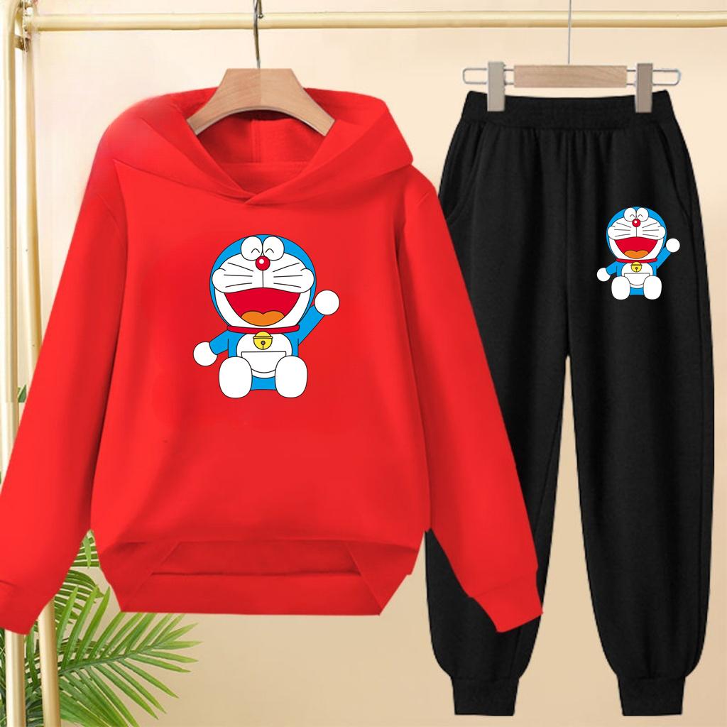 Doraemon Winter Warm Children's Hoodie Set, Casual Sporty Hooded Long Shirt and Long Pants Suitable for Boys Girls Aged 3 To 12