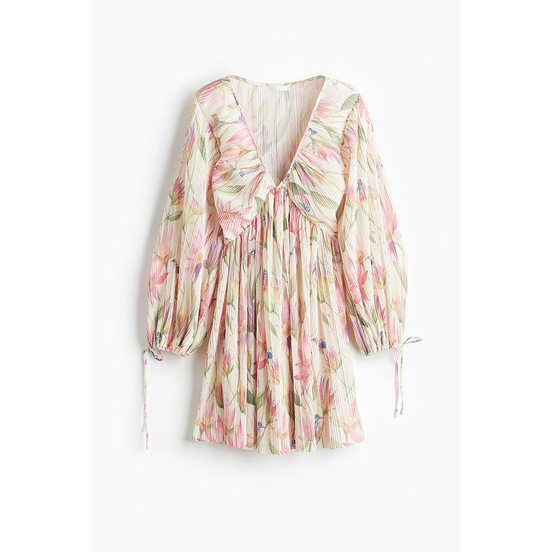 

HM Women clothes Floral Dress 2025 Summer New Holiday Style Bell Sleeve Pleated Pattern One-Piece Dress 1295133