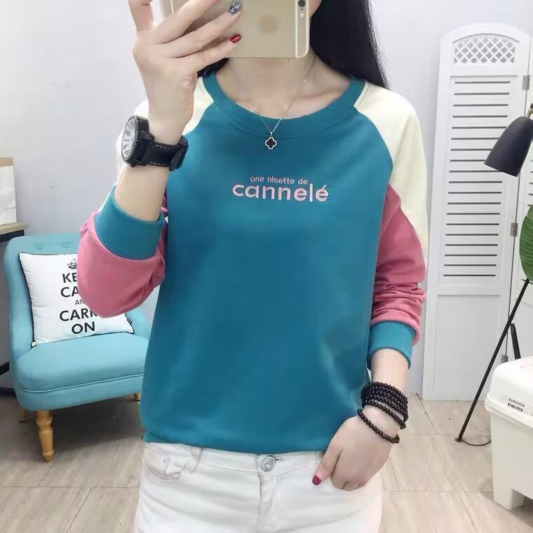 Frühling Herbst Damen Locker Schlankmachend Langärmlig Dünner Stil Koreanisch Rundhals Patchwork Kontrastfarben Einsatz Alleskombinierbare Oberteile