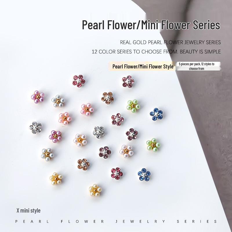 

Pearl Flower DIY Nail Art Set: Mini Flowers, Round Diamonds & Pearls – 5 Pieces