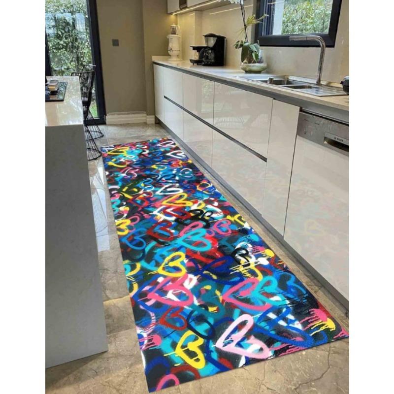 Graffiti Love Heart Pattern Runner Rug Colorful Art Absorbent Non-Slip Long Mat for Living Room Bedroom Hallway Decor Carpet