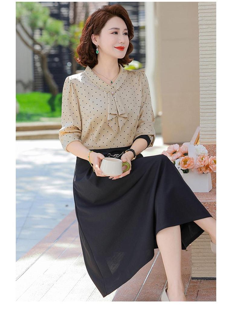 Modisches Herbst Langarm Fake Zweiteiler Kleid für Frauen mittleren Alters 2025