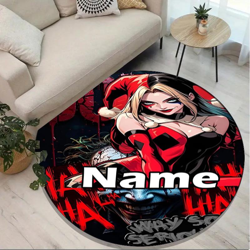 Custom Name Personalized Harley Quinn Joker Print Round Rug, Versatile Home Decor Carpet, for Playroom, Apartment, Balcony, Entryway, Hallway Gift