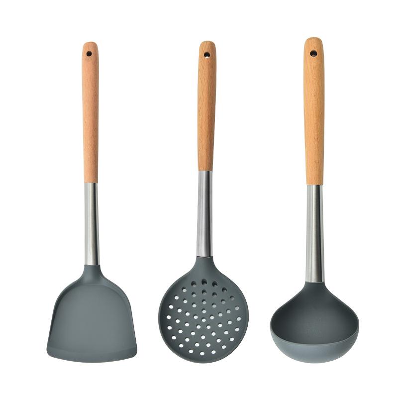 Silikon-Küchenutensilien-Set: 3-teiliger Holzgriff - Spatel, Bratspatel, Schöpfkelle und Schaumlöffel