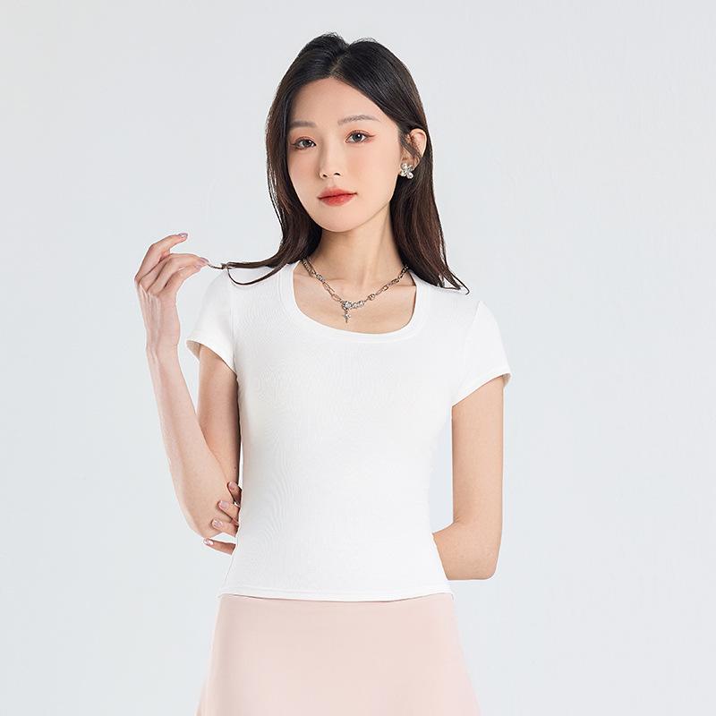 2025 Summer Slim Fit Women's Square Neck T-Shirt - Solid Color, Short Sleeves, Exposed Clavicle, Cotton Blend