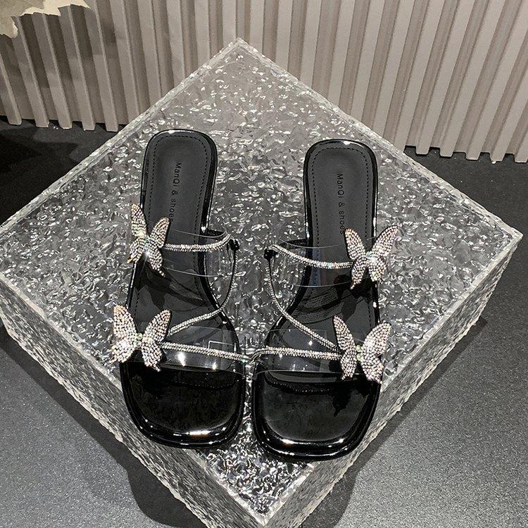 Fashion Butterfly-Knot Square Toe Glitter Slides Women's Sandals Slipers Women Transparent Fashion Low Heel Heeled Mules