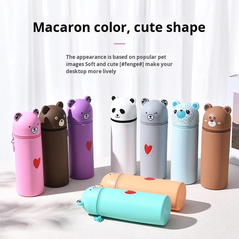 Cartoon Bear Kawaii Canvas Fabric Pencil Case Soft Silicone Zipper Pen Holder Students Convenient Exam Stationery Storage U+