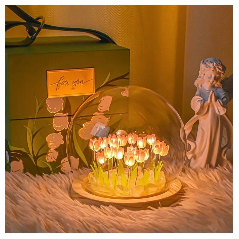 Artificial Tulip Flower Night Light Ornaments Handmade DIY Bedsides LED Night Lamp Bedroom Desk Decor Birthday Gifts Table Lamp