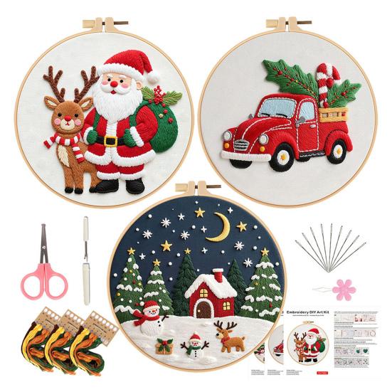 Christmas Cross Stitch Kit for Beginners Embroidery DIY Material Package with Hoops Colored Threads