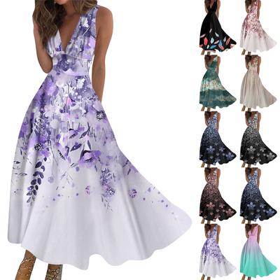 Women's Long Dress Maxi Dress Casual Dress Summer Casual Sleeveless V Neck Boho Waist Retro Printed Dress