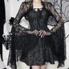 Vintage Gothic Schwarzes Spitzen-T-Shirt, elegantes Smock-Top mit ausgestellten Ärmeln, durchsichtig, sexy, abgeschnittene Tops, Cardigan, Streetwear