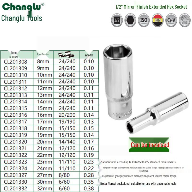 Changlu 1/2  Mirror Finish Extended Hex Socket