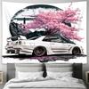 Cherry Blossom Tree with White Sports Car  A Dreamy Atmosphere Wall Tapestry for Your Home