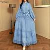 Women Casual Turn Down Collar Long Sleeve Elegant Lace Splice Long Dress