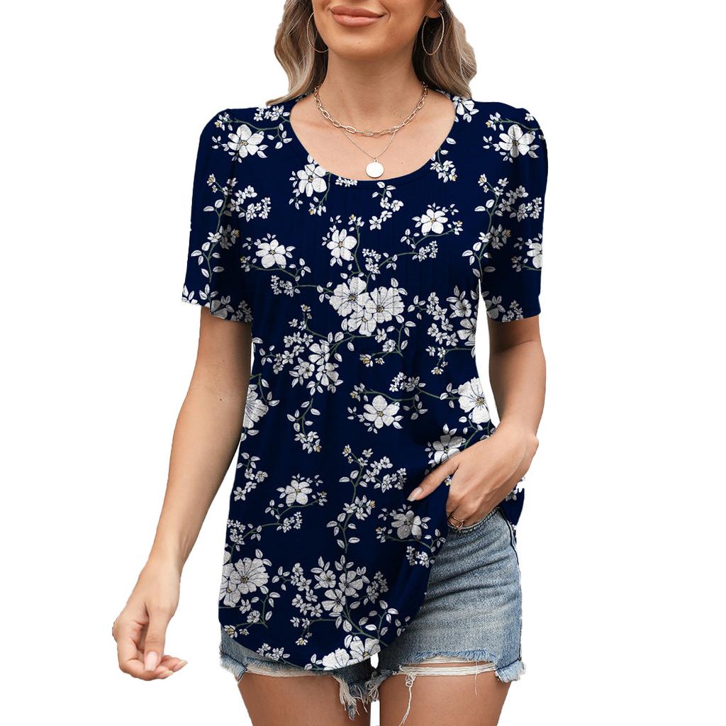 Women's Round Neck Short Sleeve Pleated Loose Fit Leaf Floral Print T Shirt Casual Daily Tunic Top
