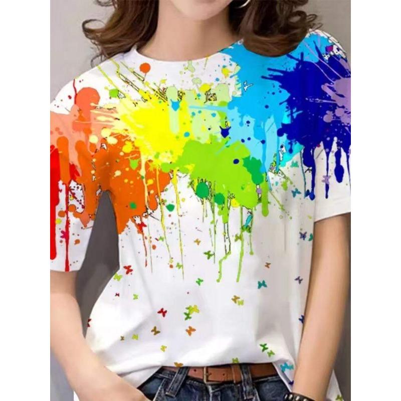 New Arrival Street Style Rainbow 3D Digital Print Short Sleeve T-Shirt Women's Fashionable round Neck Top plus Size INS