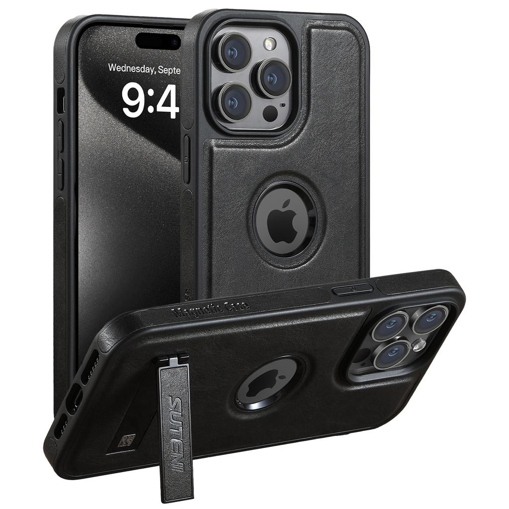 SUTENI G2 For iPhone 15 Pro Magnetic Case Litchi Texture Leather+TPU Cover with Kickstand