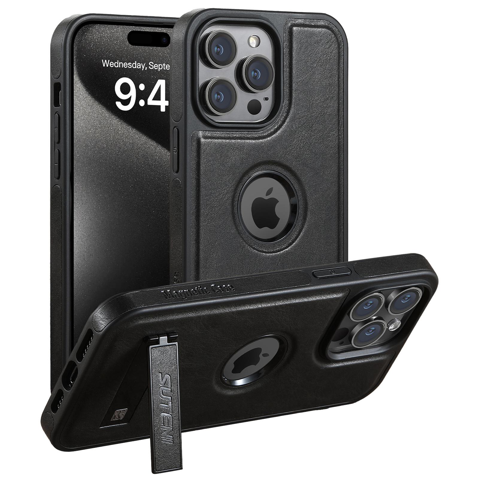

SUTENI G2 For iPhone 15 Pro Magnetic Case Litchi Texture Leather+TPU Cover with Kickstand Black
