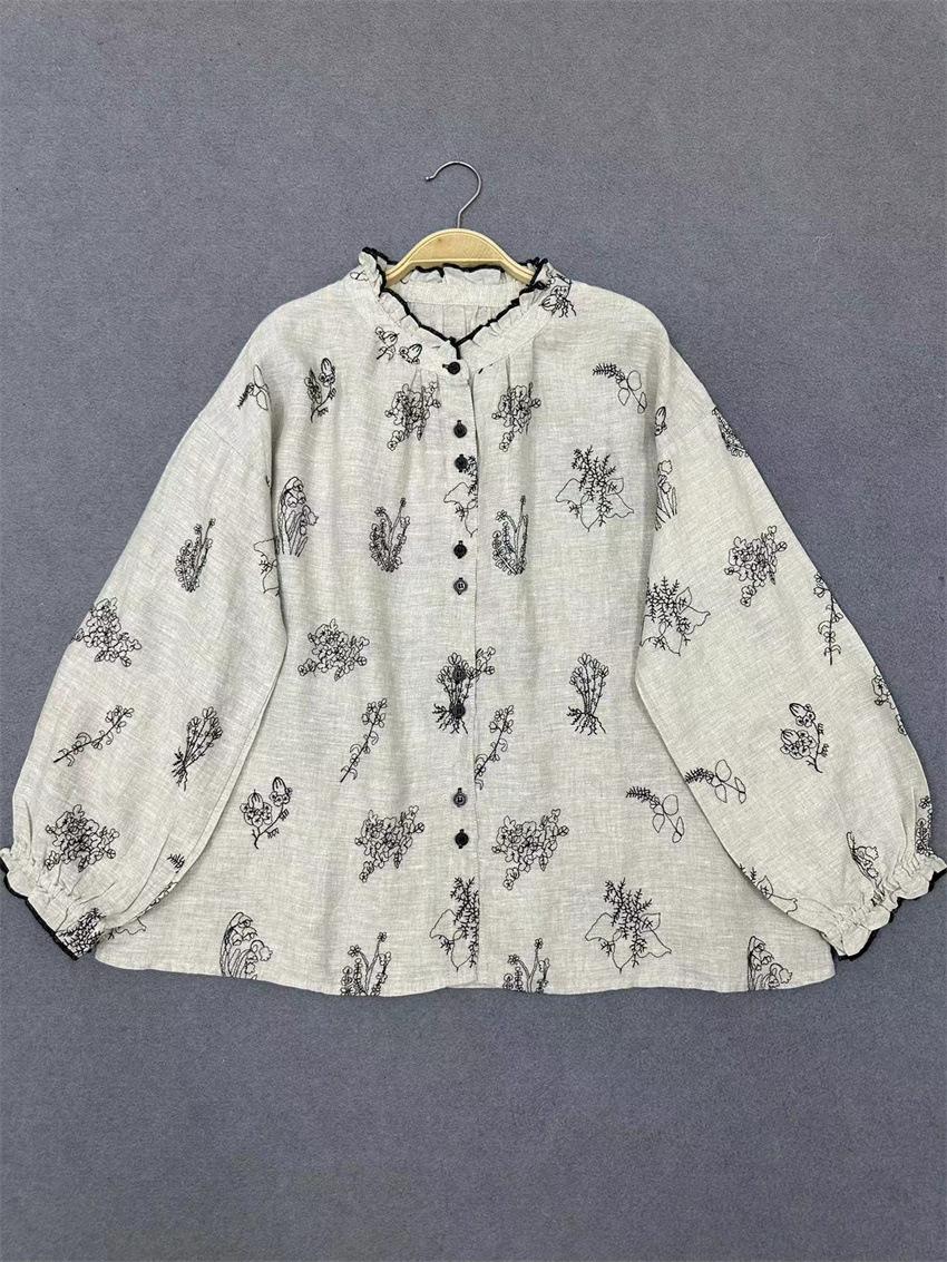 

Johnature Повседневная весна осень вышивка круглый вырез свободная рубашка женские винтажные топы с длинным рукавом One Size бежевый